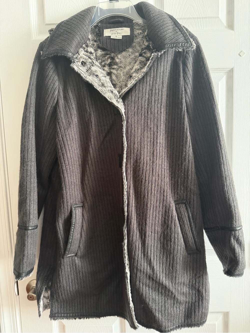 Pendleton Dark Gray Ribbed Ski Jacket with Faux Shearling Trim